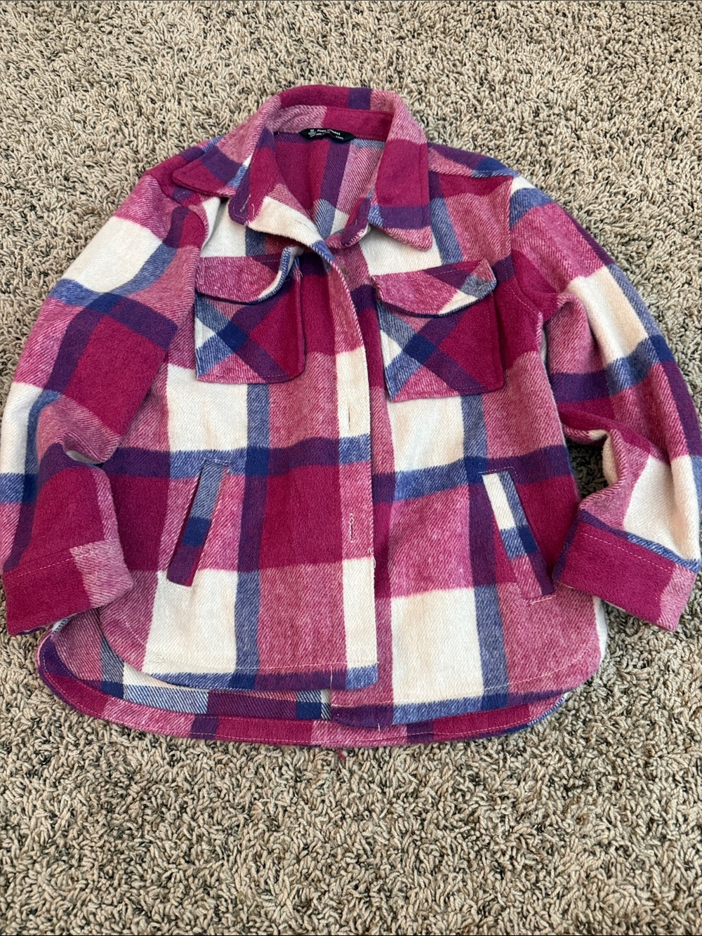 Girls Pink Plaid Shacket Jacket with Pocket Flaps
